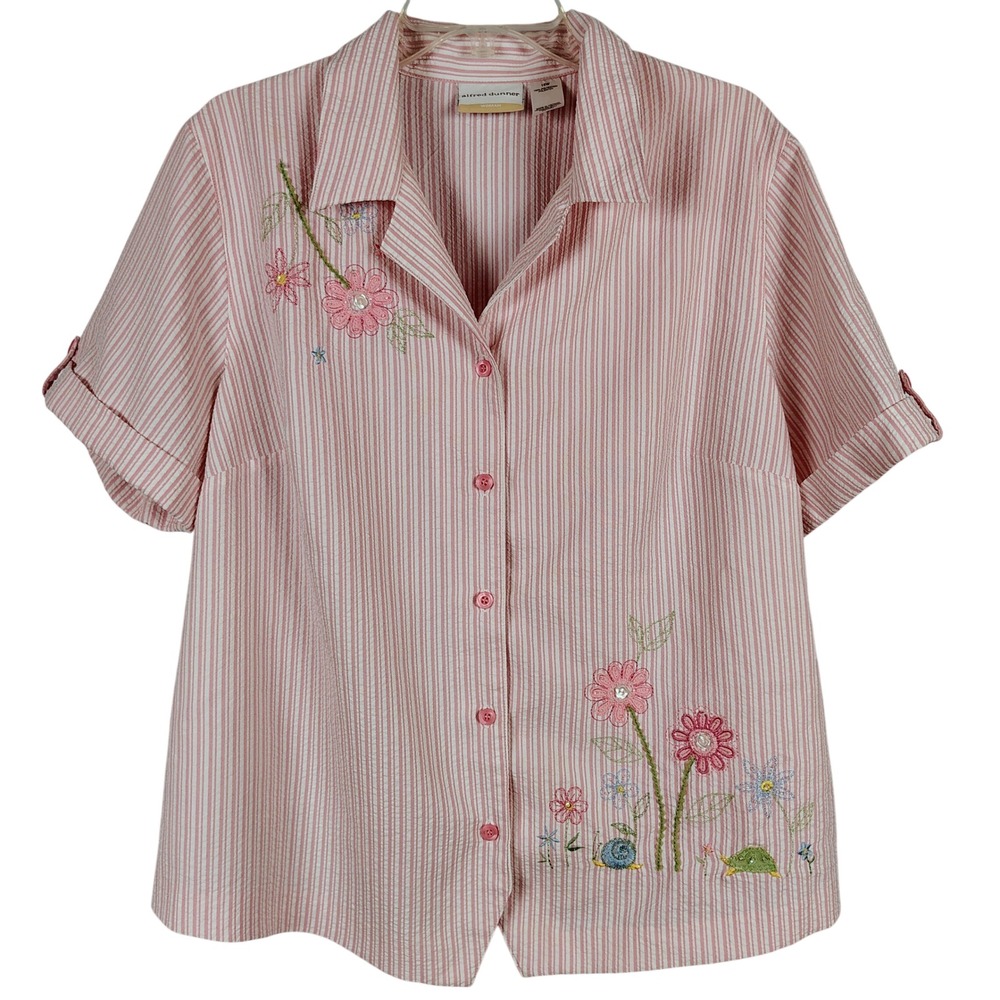 Alfred Dunner Womens SZ 16W Seersucker Blouse Pink Striped Embroidered Floral